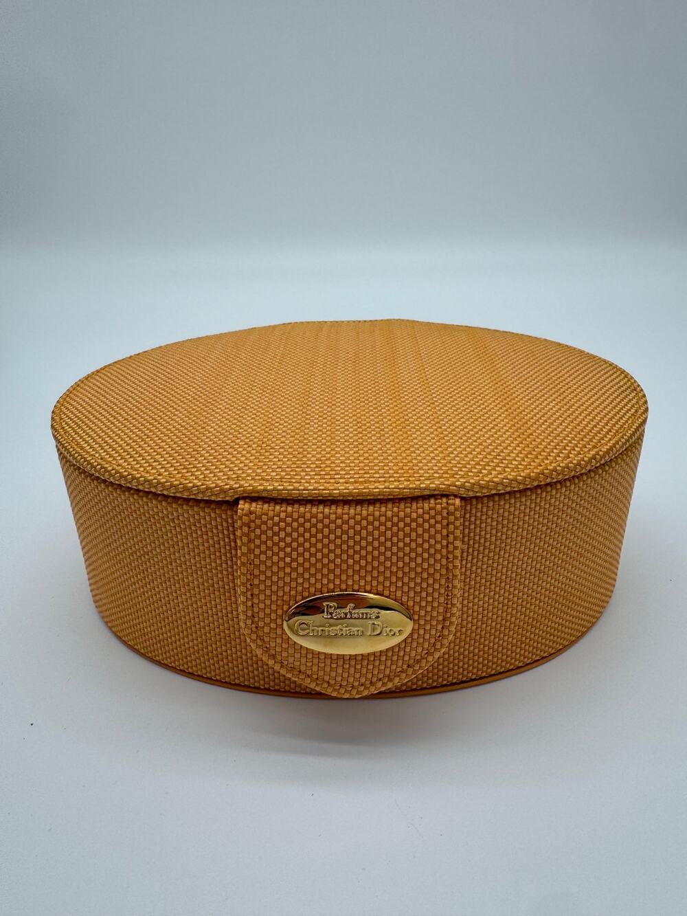Vintage Christian Dior Parfums Oval Woven Vanity Storage Box Gold Logo